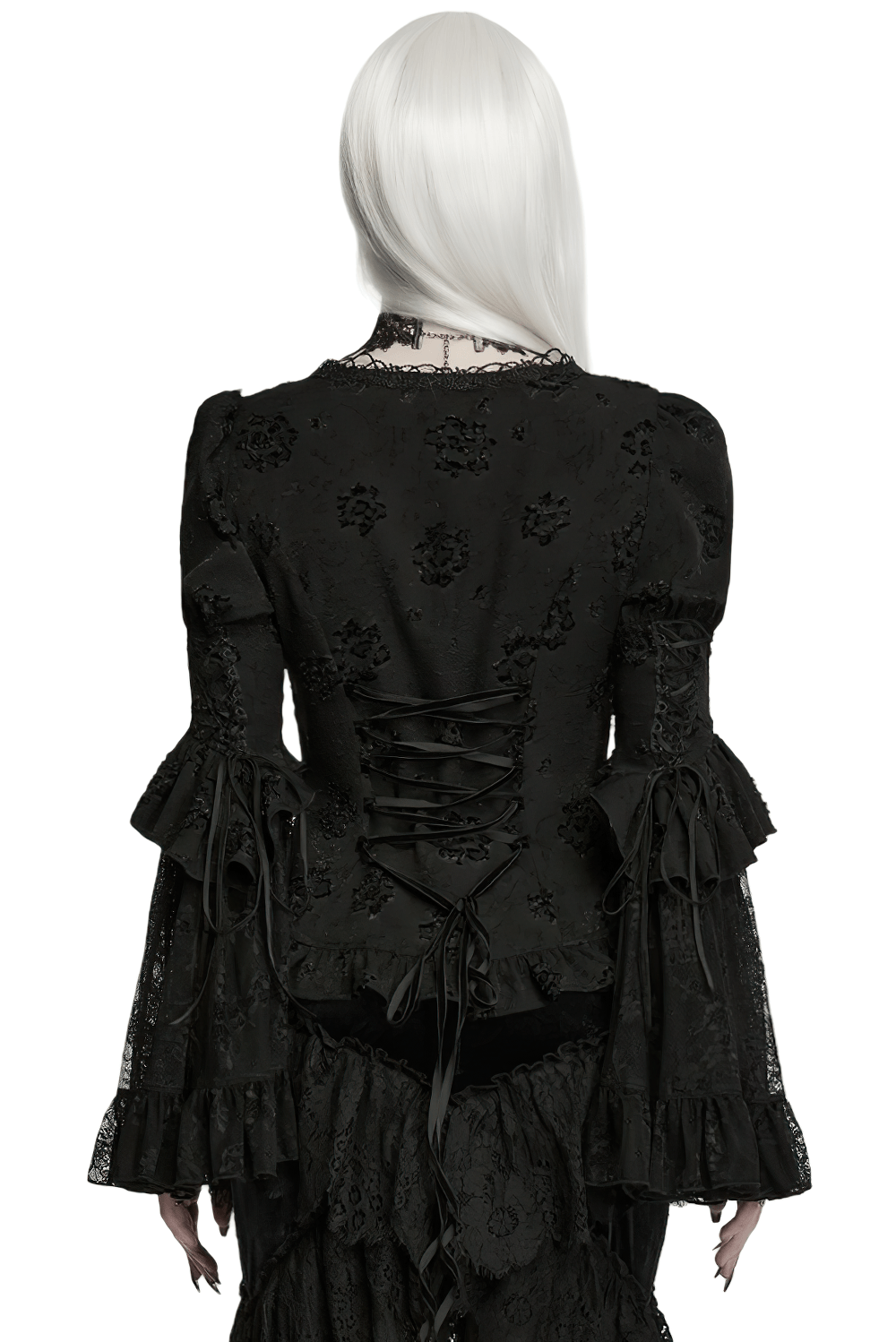 Elegant Black Gothic Jacquard Lace Puff Sleeve Blouse