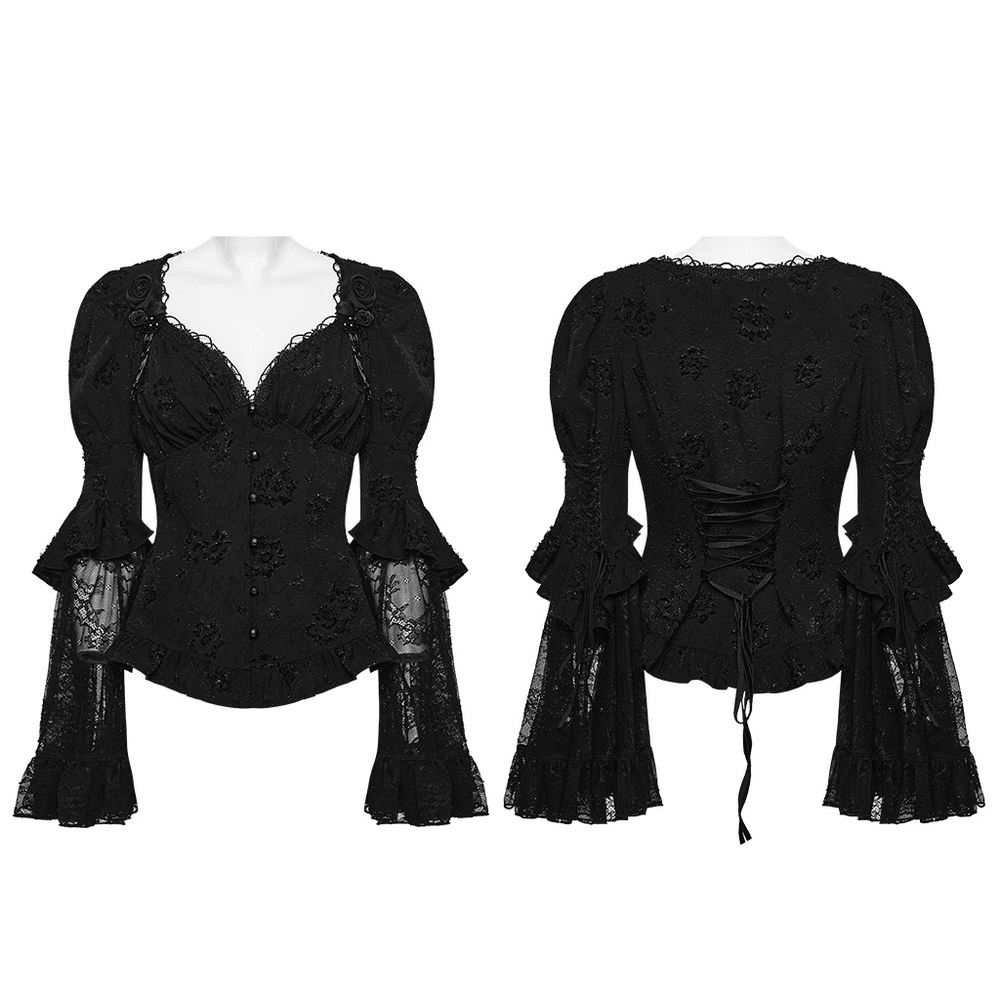 Elegant Black Gothic Jacquard Lace Puff Sleeve Blouse
