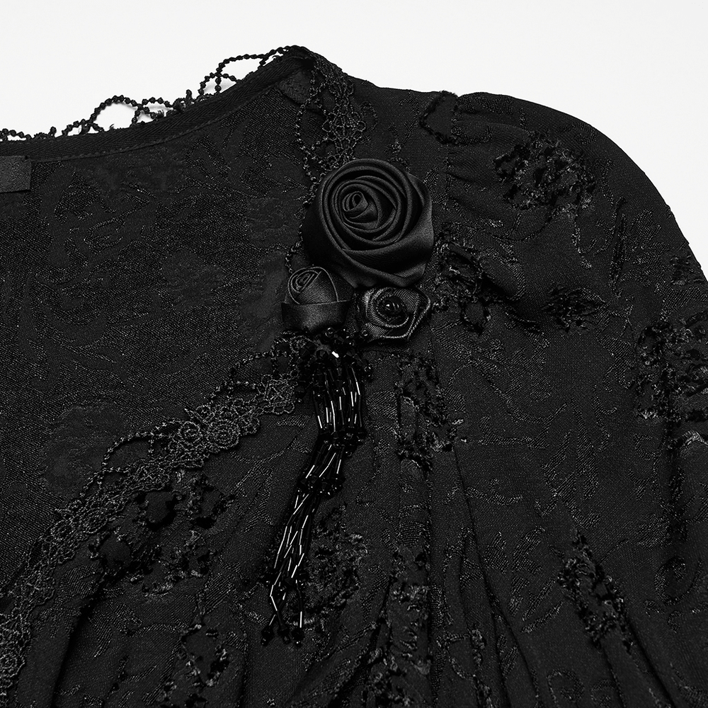 Elegant Black Gothic Jacquard Lace Puff Sleeve Blouse