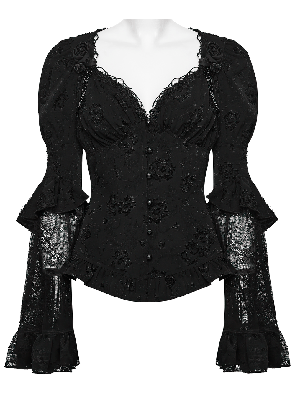 Elegant Black Gothic Jacquard Lace Puff Sleeve Blouse