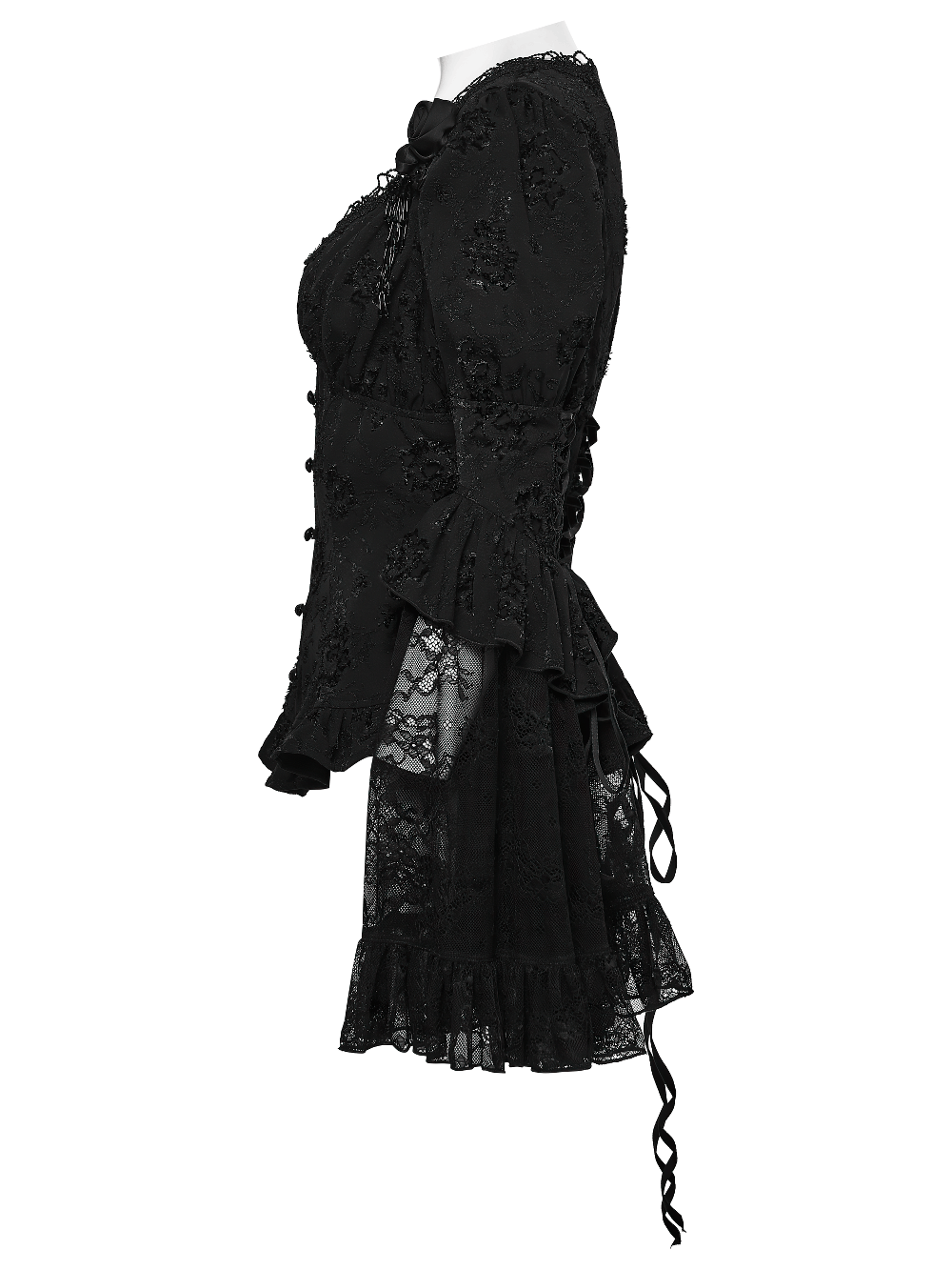 Elegant Black Gothic Jacquard Lace Puff Sleeve Blouse