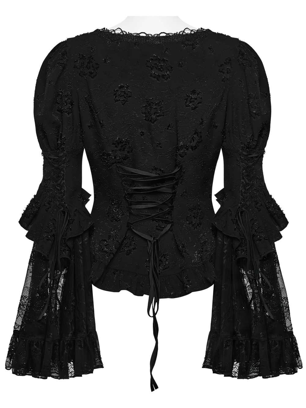 Elegant Black Gothic Jacquard Lace Puff Sleeve Blouse