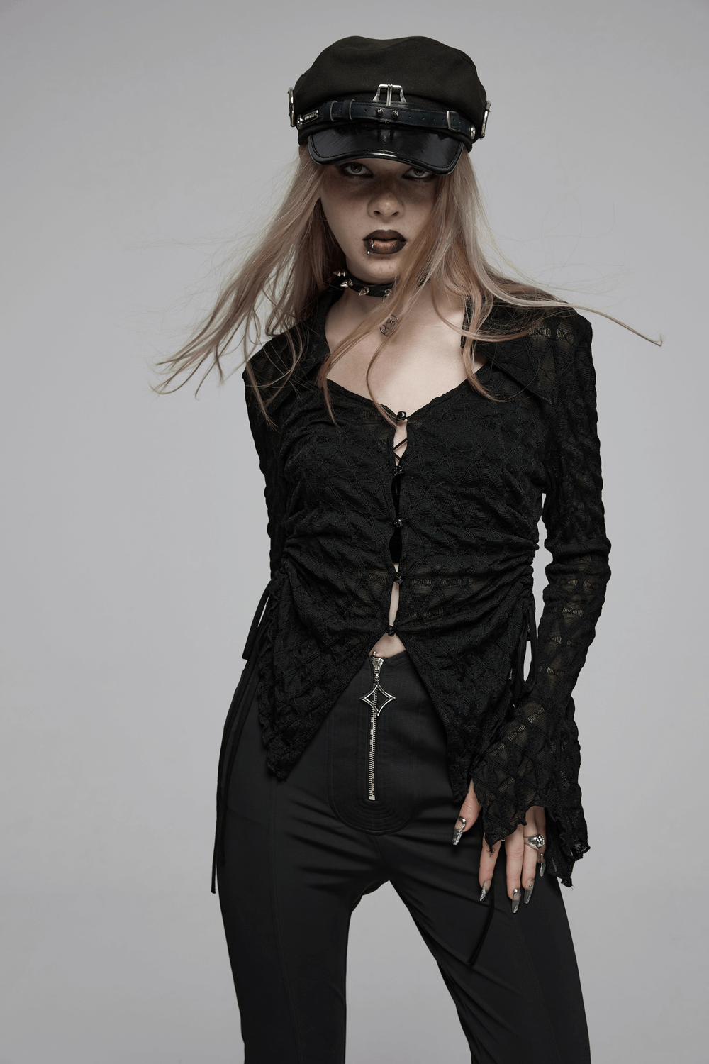 Elegant Black Gothic Jacquard Lace V-Neck Shirt
