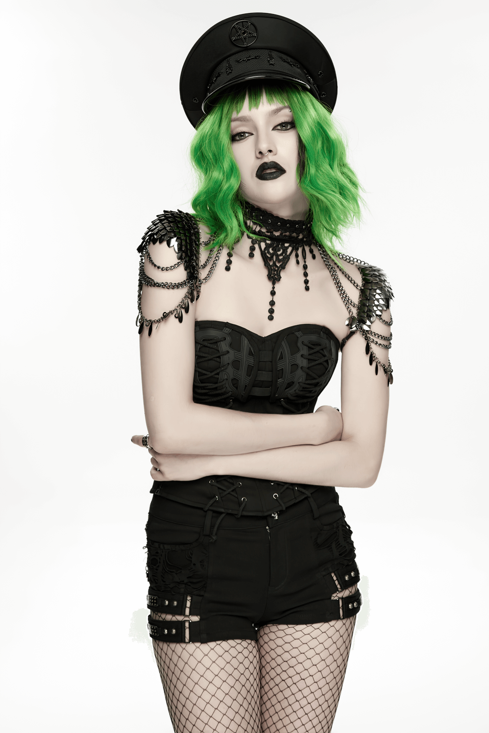 Alt Tag: Elegant Black Gothic Lace Chain Shoulder Armor Choker on model with layered chains, lace choker, goth clubwear vibe