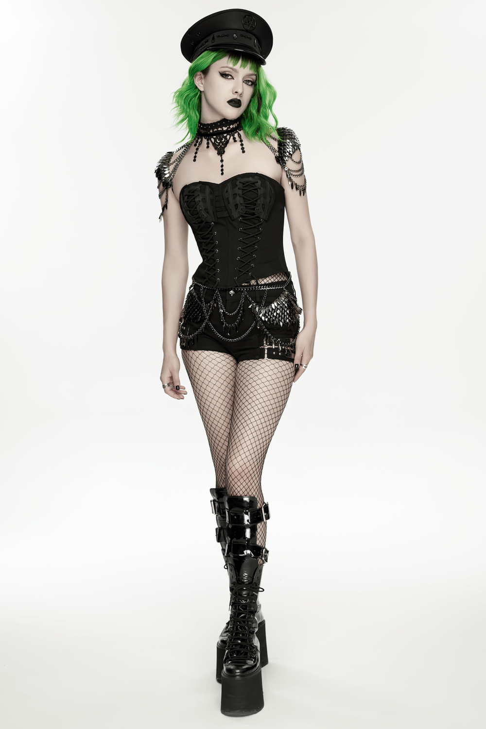 Alt Tag: Elegant Black Gothic Lace Chain Shoulder Armor Choker on model in black corset, chains, fishnets and platform boots