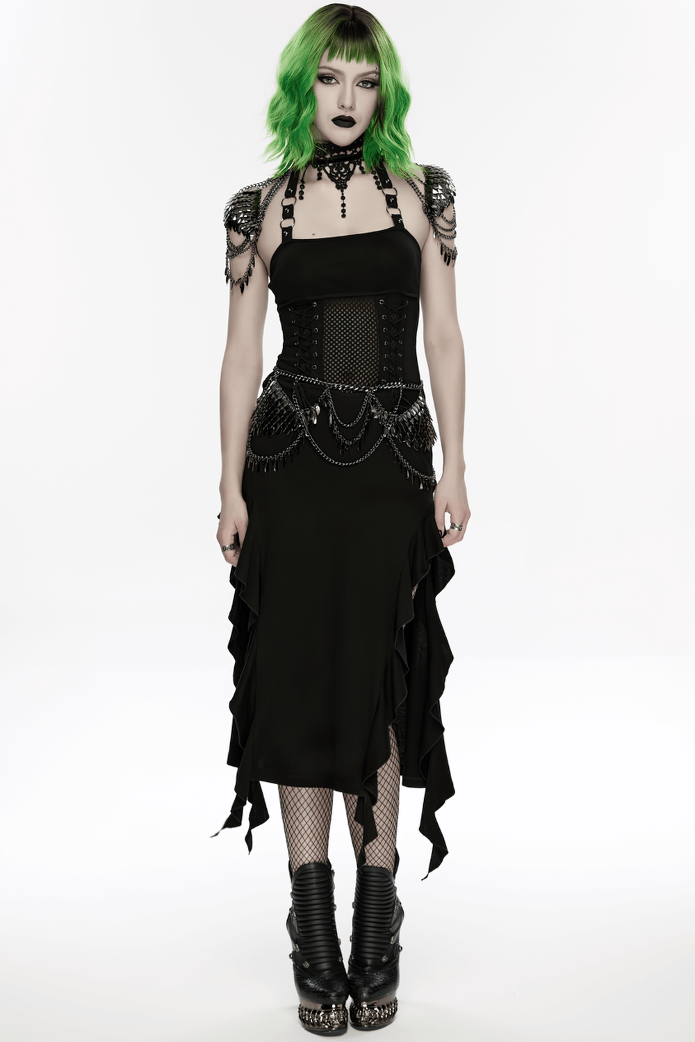 Alt Tag: Elegant Black Gothic Lace Chain Shoulder Armor Choker on model in black goth dress, lace shoulder armor, layered chains and choker
