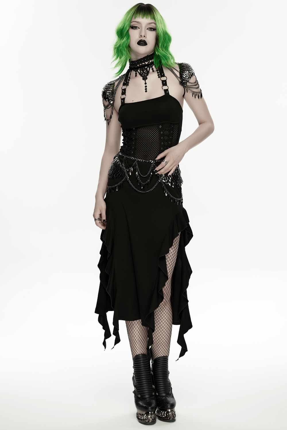 Elegant Black Gothic Lace Chain Shoulder Armor Choker on model, black lace shoulder harness with layered chains, goth clubwear cosplay