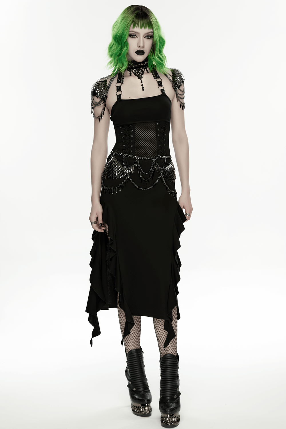 Alt Tag: Elegant Black Gothic Lace Chain Shoulder Armor Choker on model, lace shoulder harness with layered chains, choker tassel, goth clubwear