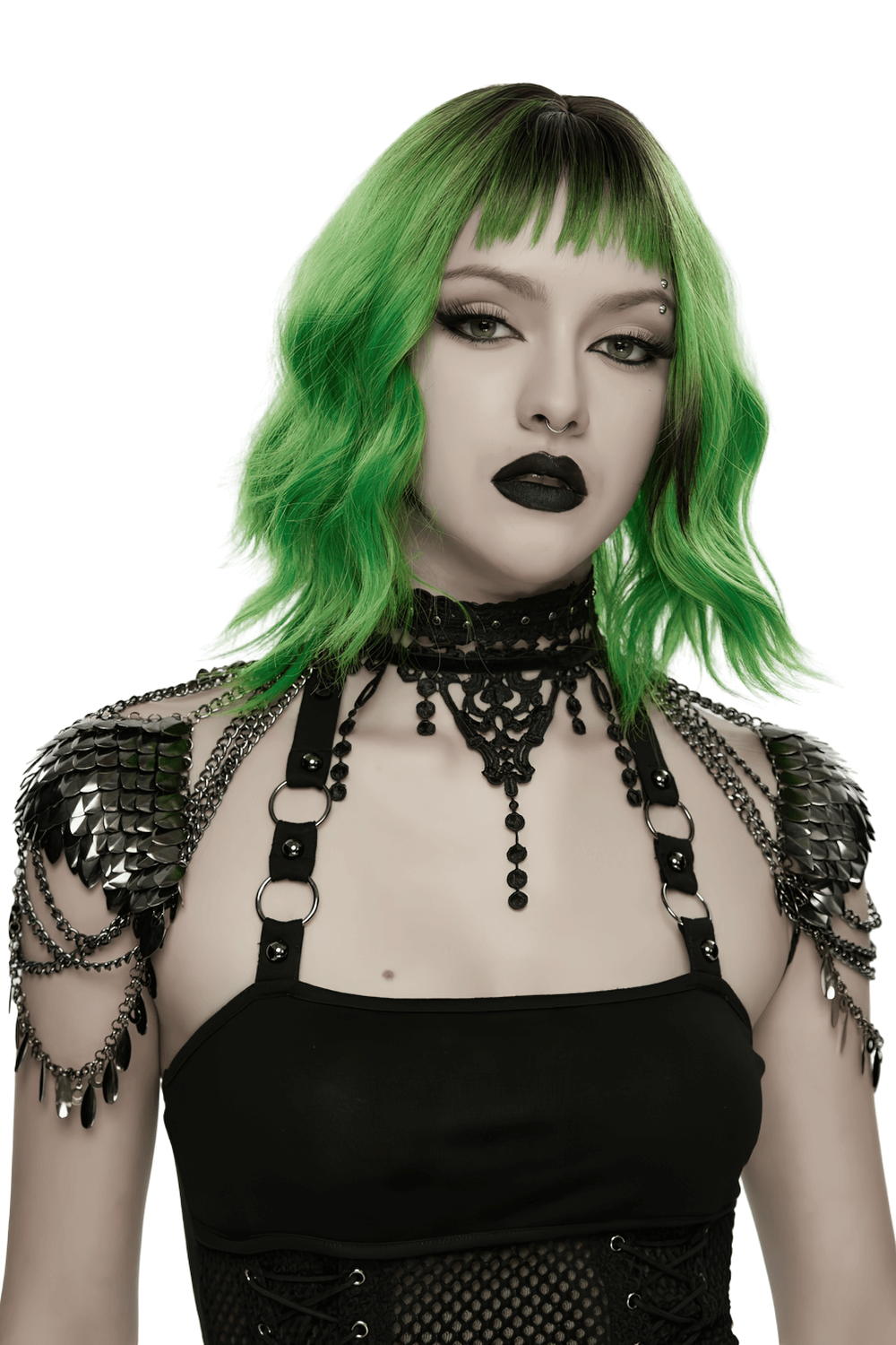 Alt Tag: Elegant Black Gothic Lace Chain Shoulder Armor Choker on model, punk lace leaf necklace with layered chains, spiked shoulder accents
