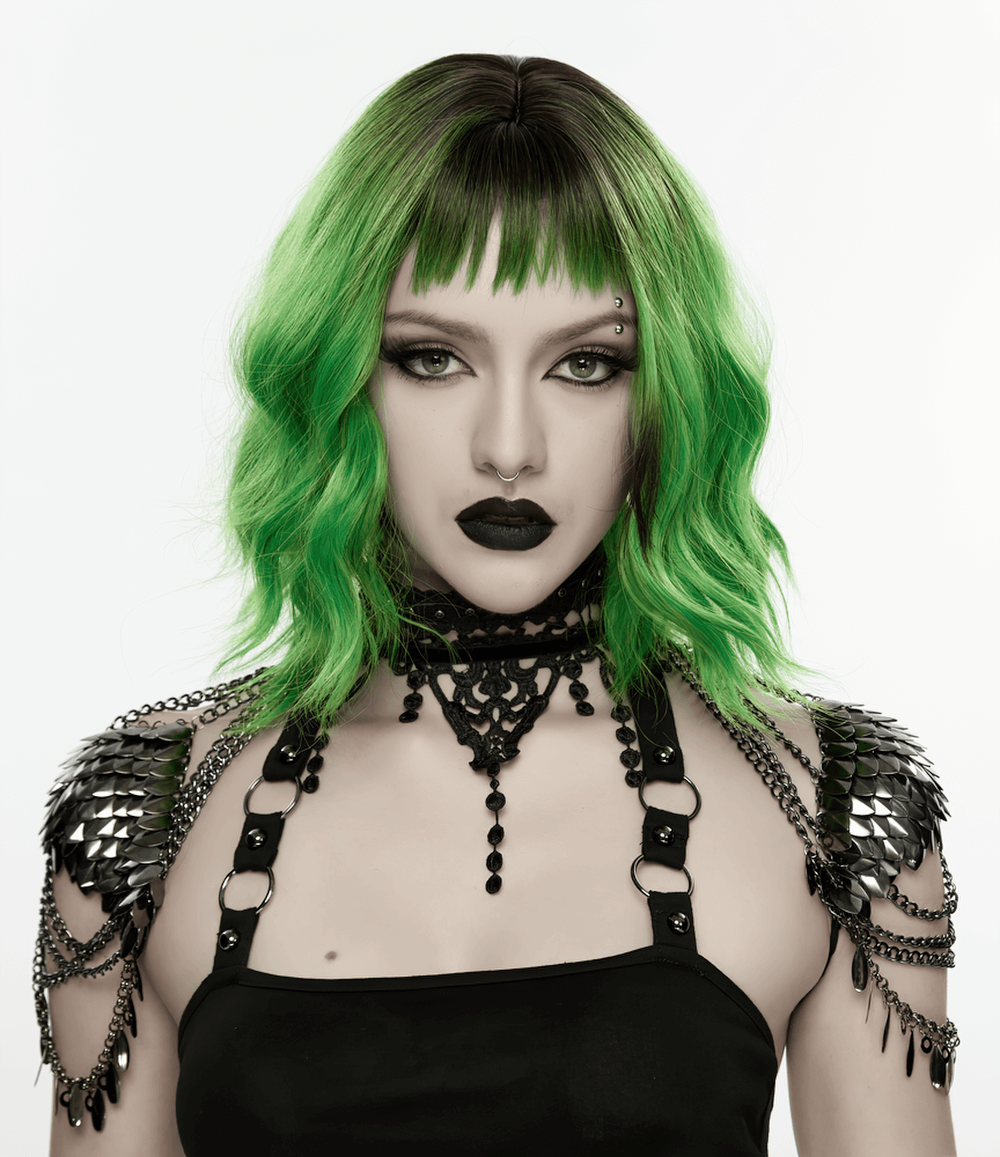 Alt Tag: Model wearing Elegant Black Gothic Lace Chain Shoulder Armor Choker with lace tassel, layered chains, and spiked shoulder drapes