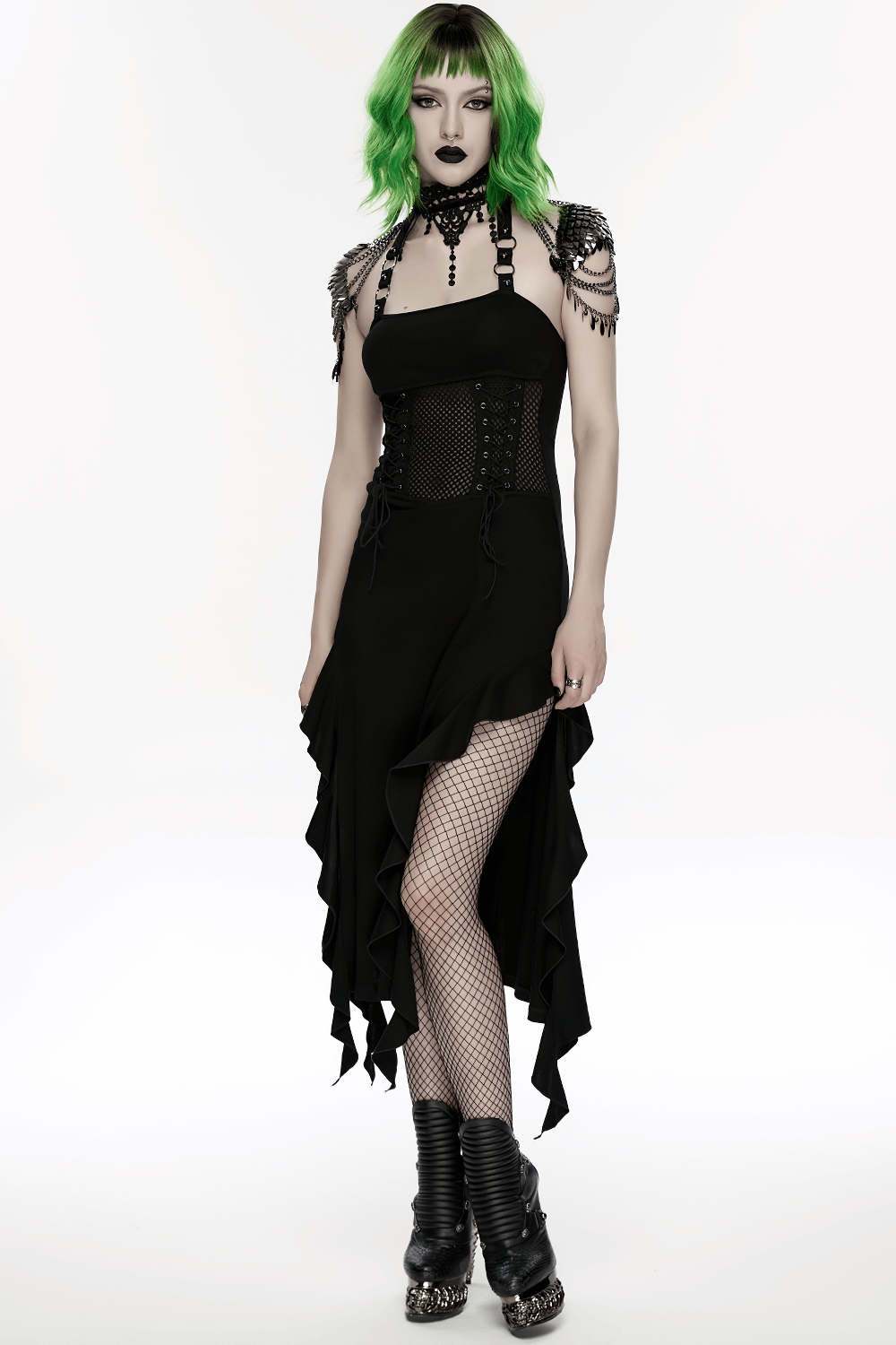 Alt Tag: Elegant Black Gothic Lace Chain Shoulder Armor Choker worn with black goth dress, layered chains, lace choker and shoulder armor