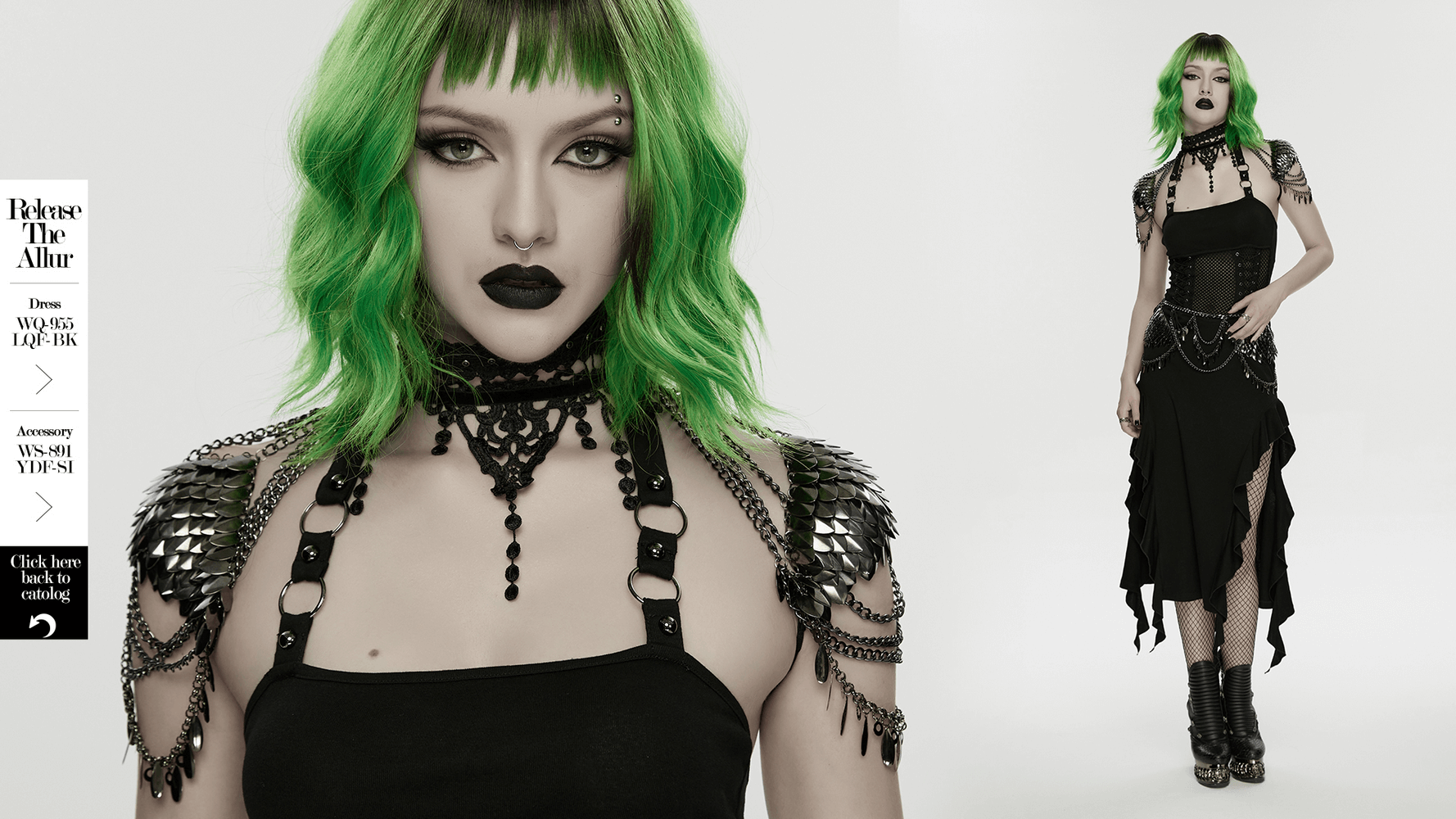 Alt Tag: Elegant Black Gothic Lace Chain Shoulder Armor Choker on model, black lace leaf necklace harness with layered chains, goth clubwear cosplay