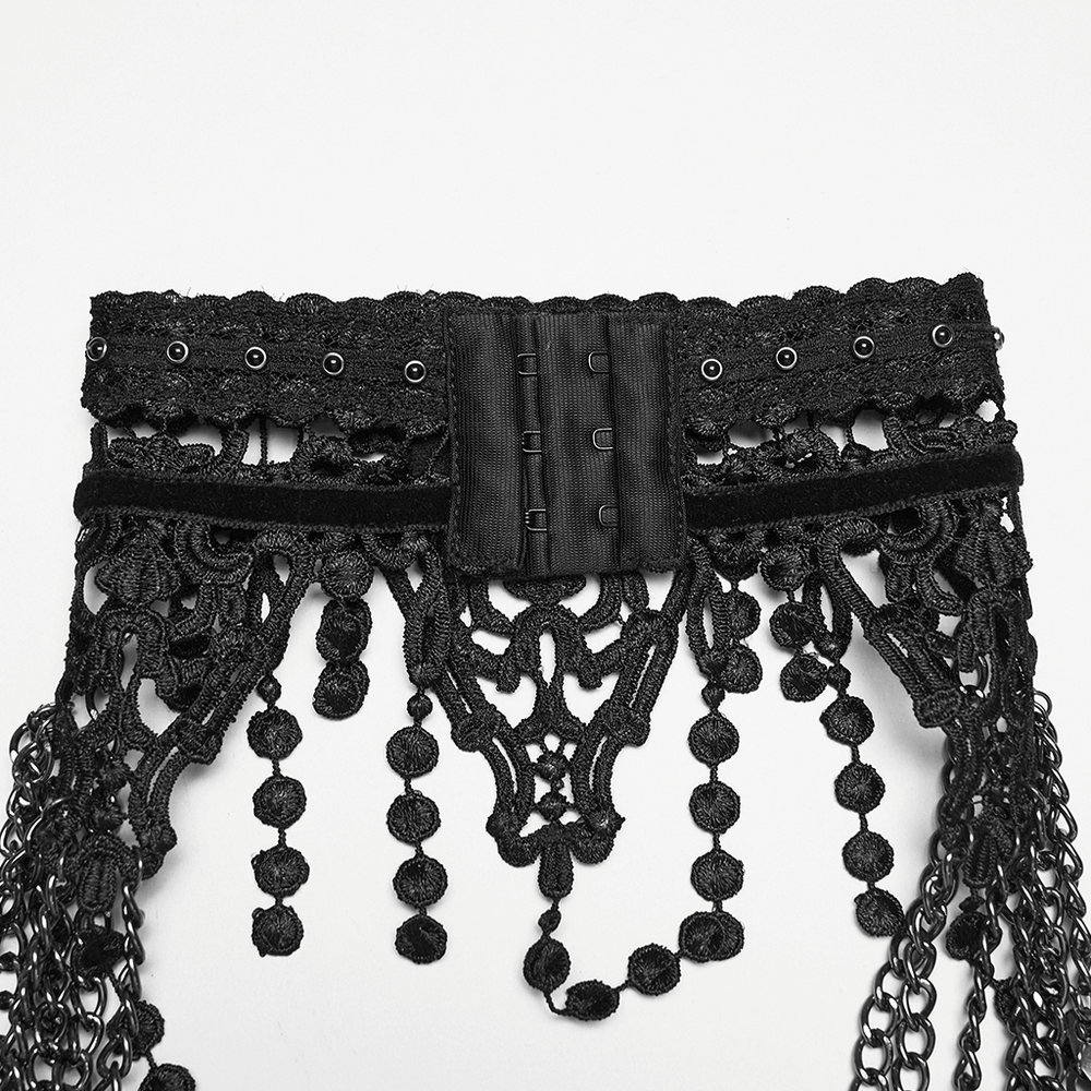 Alt Tag: Elegant Black Gothic Lace Chain Shoulder Armor Choker black lace choker with layered chains, tassel details, adjustable gothic harness