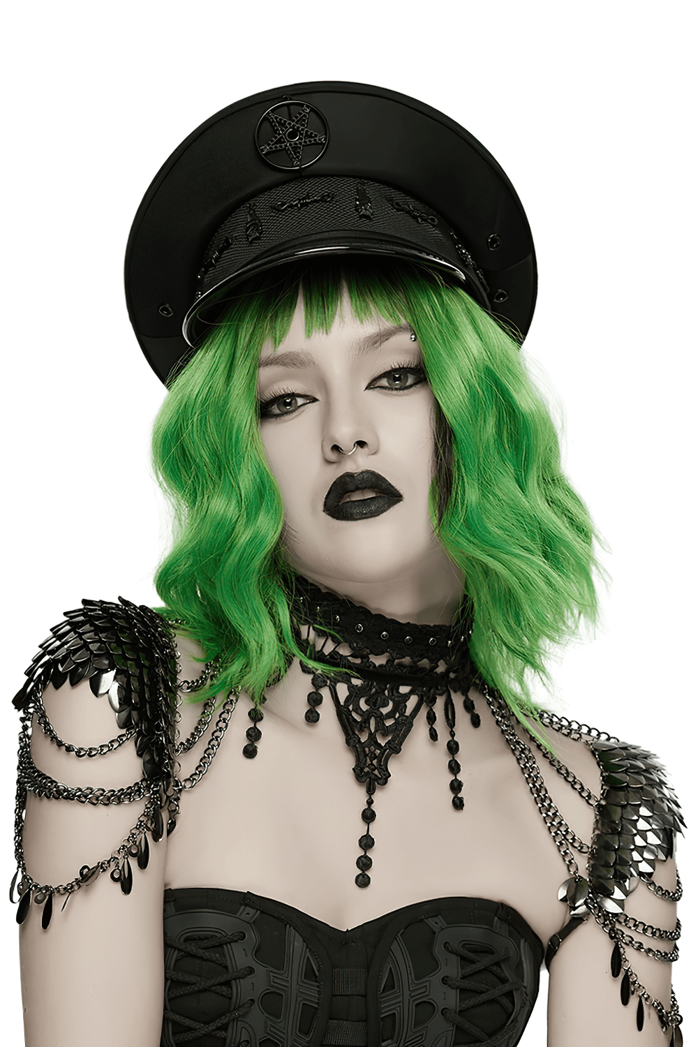 Alt Tag: Model wearing Elegant Black Gothic Lace Chain Shoulder Armor Choker with lace tassel, layered chains, and punk goth shoulder harness