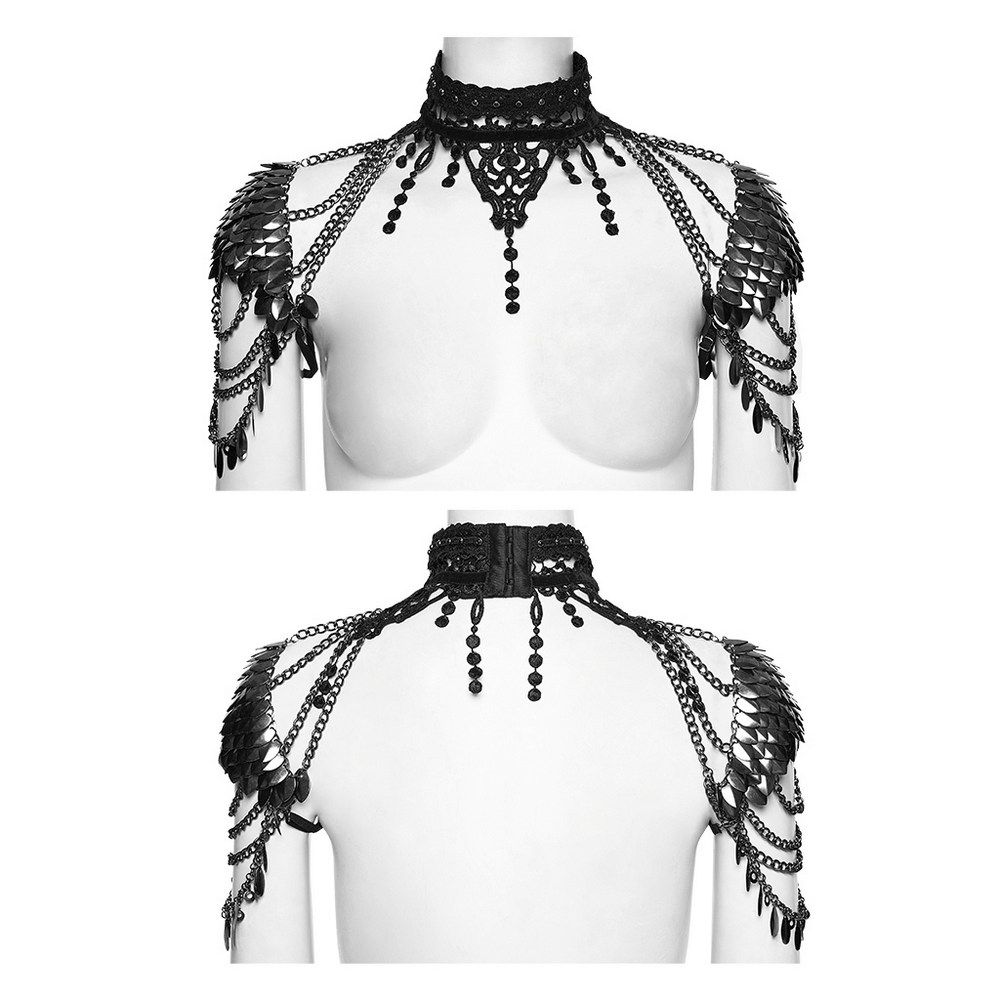 Alt Tag: Elegant Black Gothic Lace Chain Shoulder Armor Choker with lace choker, draped chains and shoulder armor harness, front and back view