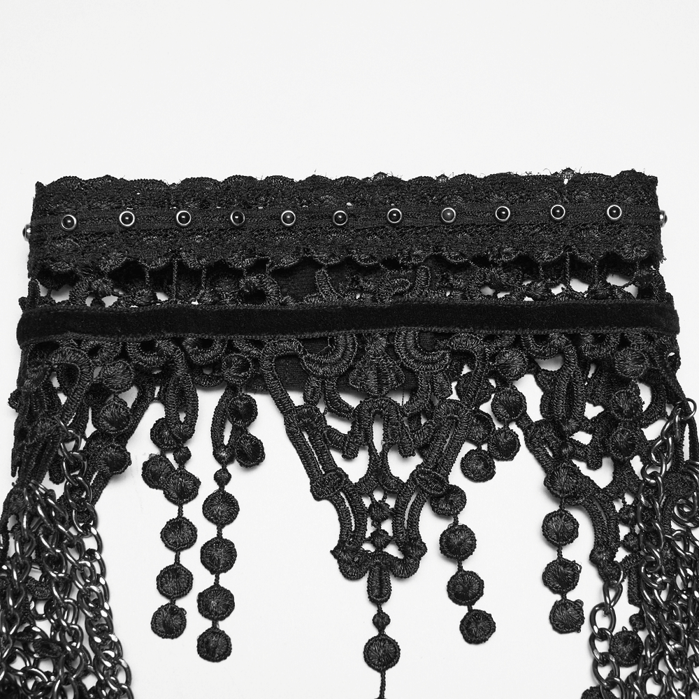 Alt Tag: Elegant Black Gothic Lace Chain Shoulder Armor Choker black lace choker with dangling tassels, grommets and chain details