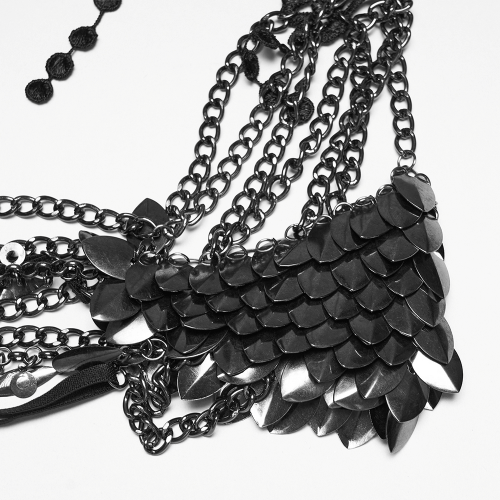Alt Tag: Elegant Black Gothic Lace Chain Shoulder Armor Choker with layered black chains and leaf scale metal accents, punk goth harness