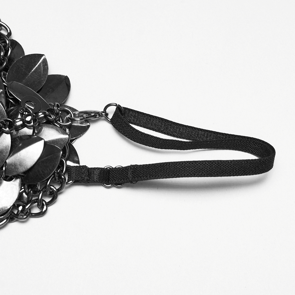 Alt Tag: Elegant Black Gothic Lace Chain Shoulder Armor Choker close-up of black lace strap with layered chains and leaf charms