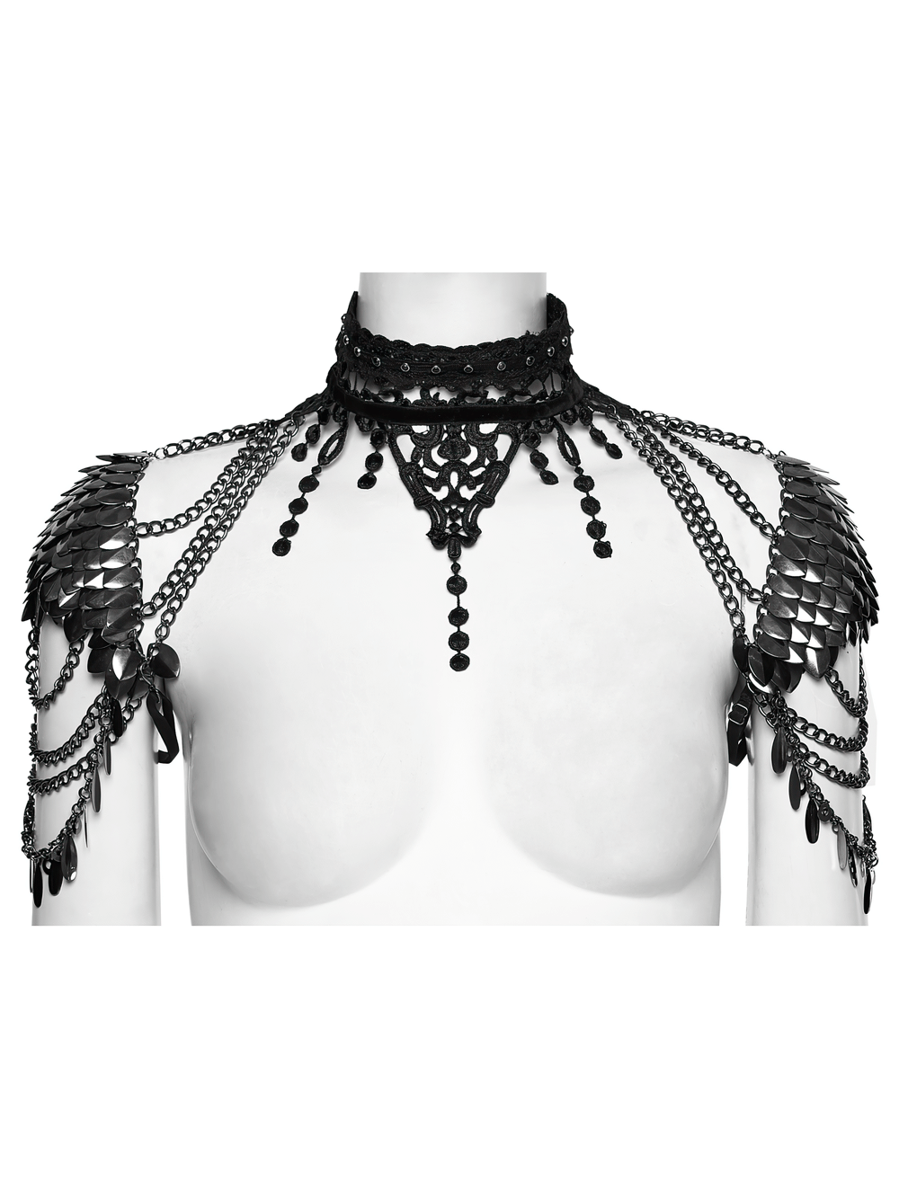 Alt Tag: Elegant Black Gothic Lace Chain Shoulder Armor Choker on mannequin, black lace choker with layered chains and shoulder armor drapes