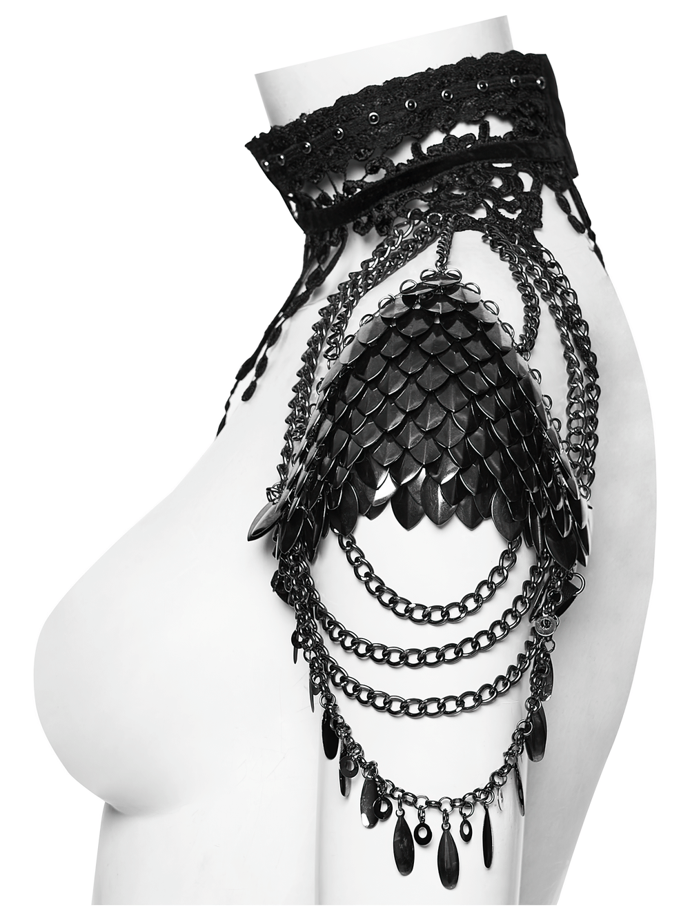 Alt Tag: Elegant Black Gothic Lace Chain Shoulder Armor Choker black lace shoulder harness with layered chains, tassel accents