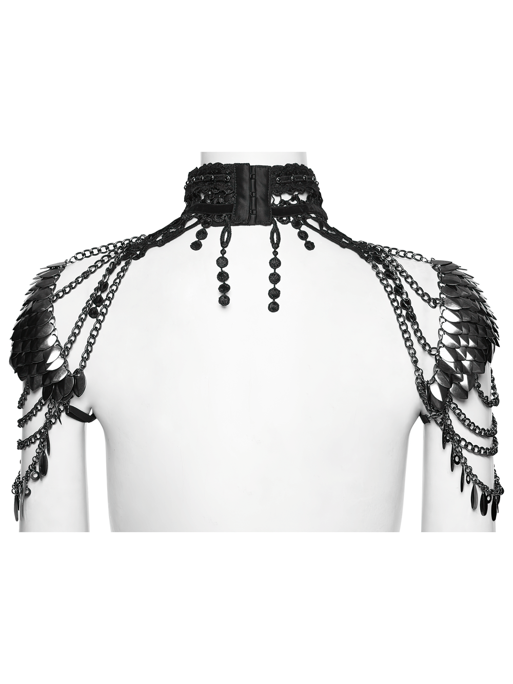 Alt Tag: Elegant Black Gothic Lace Chain Shoulder Armor Choker, black lace choker harness with layered chains and shoulder armor on mannequin