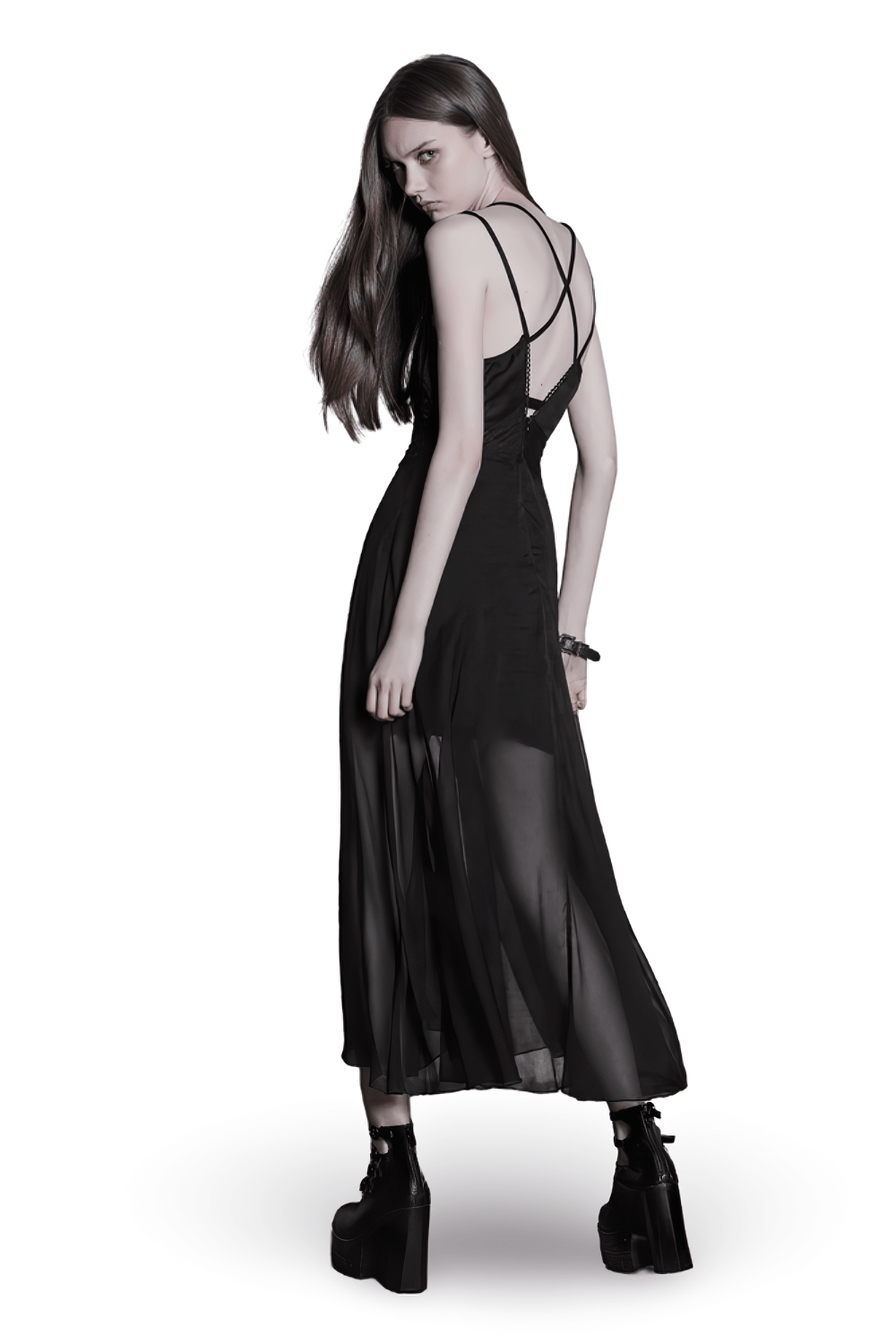 Elegant Black Gothic Lace Chiffon Strap Dress