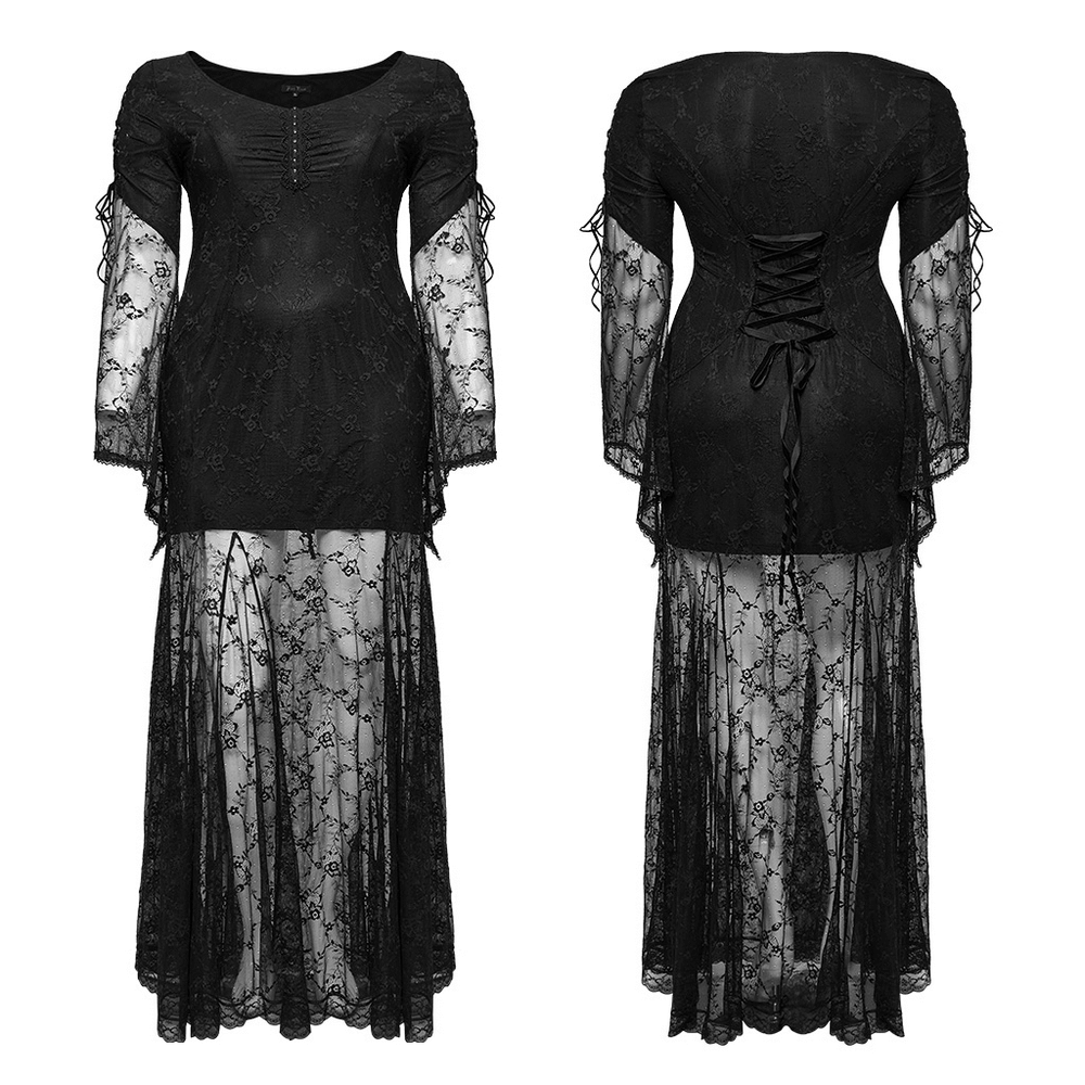 Elegant black gothic lace dress with knitted top and back drawstring for a vintage-inspired look.