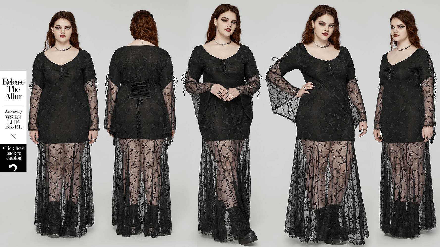 Elegant black gothic lace dress showcasing knitted fabric, featuring pleats and upper arm slits for a dramatic gothic look.