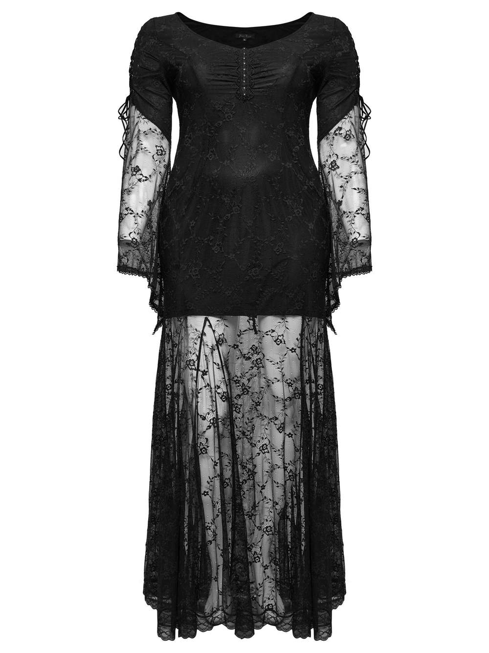 Elegant black gothic lace dress with knitted fabric, featuring a romantic design and edgy studded embellishments.