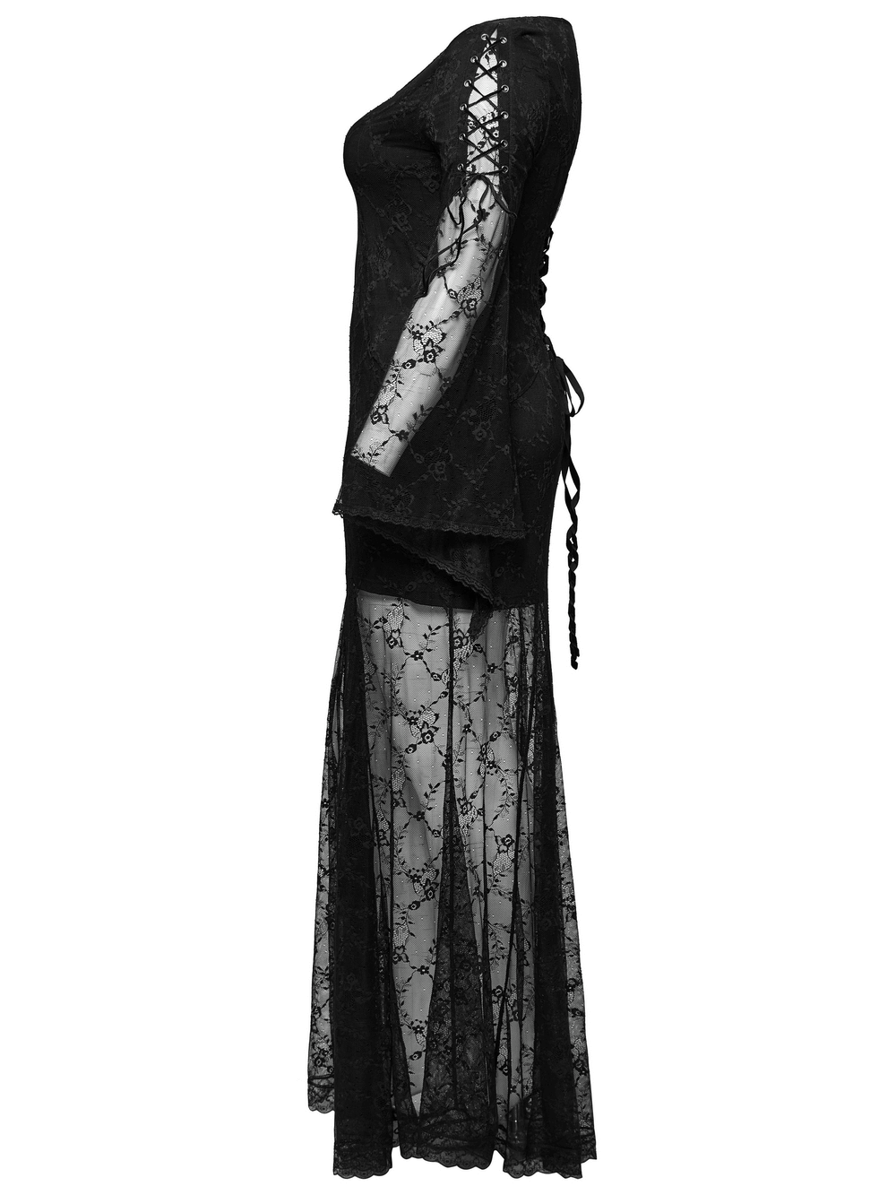 Elegant black gothic lace dress with knitted fabric and arm slits, perfect for a vintage-inspired gothic look.