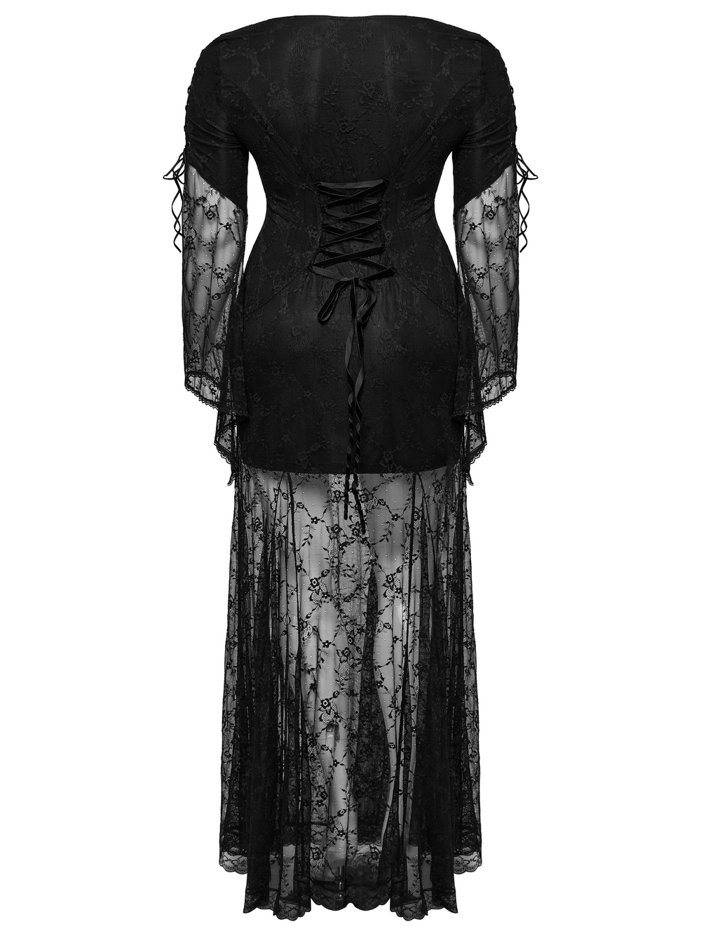 Back view of an elegant black gothic lace dress with knitted fabric and drawstring detailing.