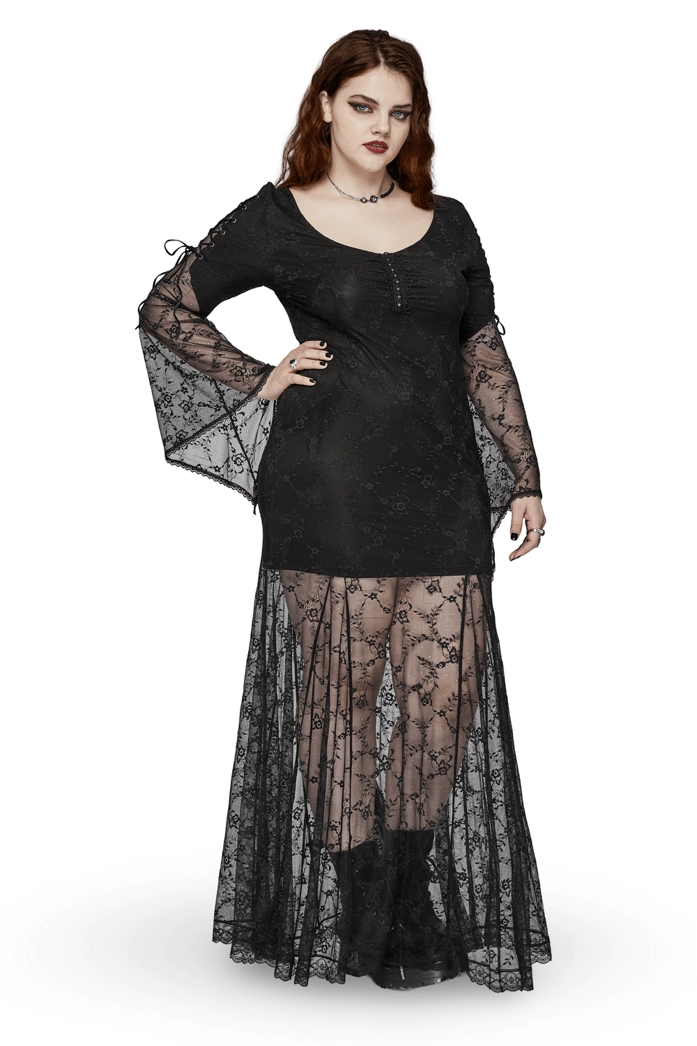 Elegant black gothic lace dress with knitted fabric, features flowing sleeves and intricate lace patterns for a vintage-inspired look.