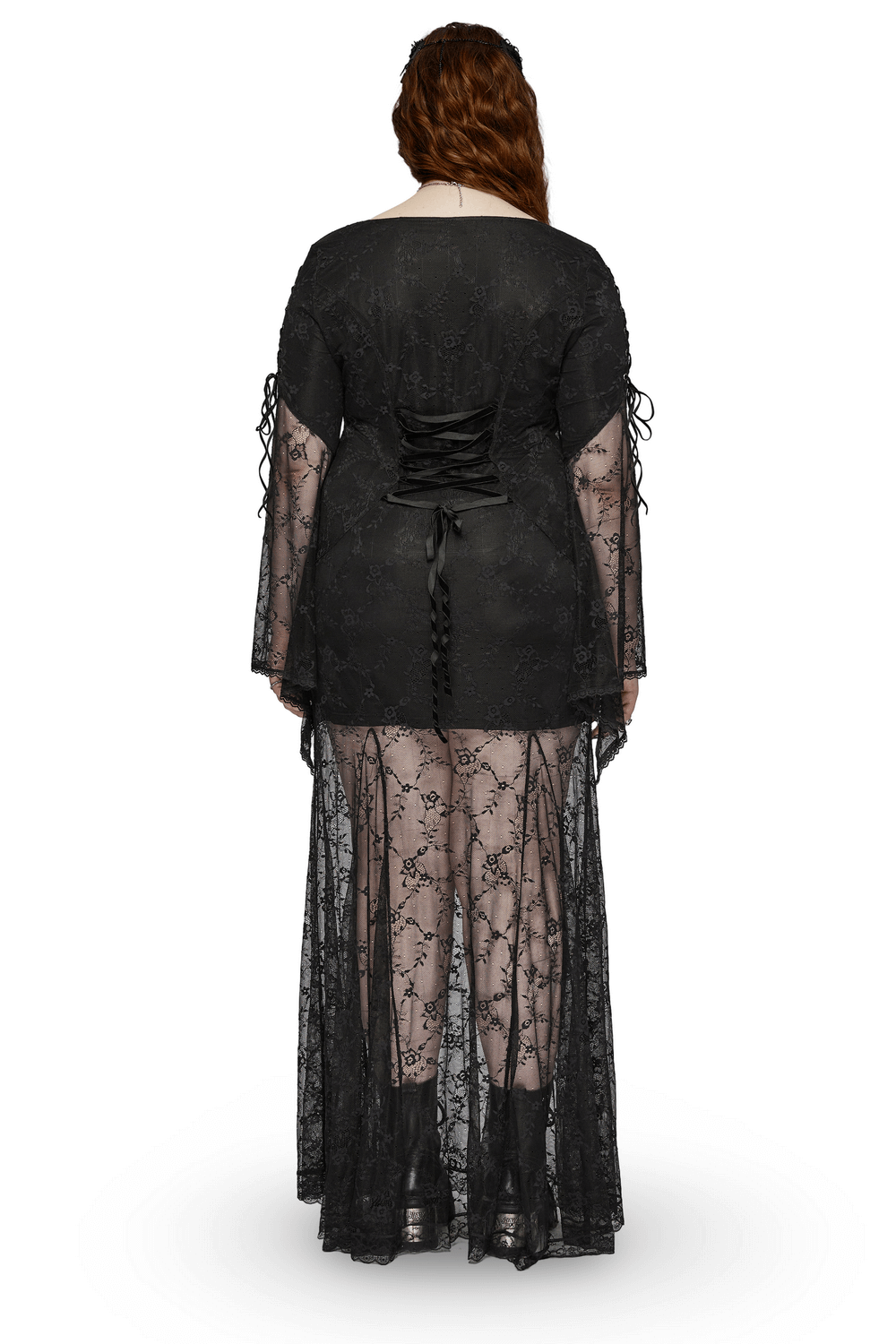 Back view of an elegant black gothic lace dress with a drawstring waist and lace details, perfect for a vintage-inspired look.
