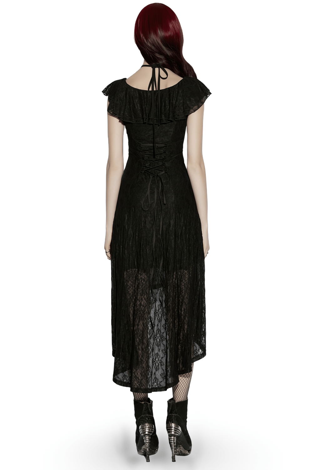 Alt Tag: Elegant Black Gothic Lace High Low Hollow Ruffle Dress back view lace-up waist, ruffle sleeves, high-low hem, black gothic party dress