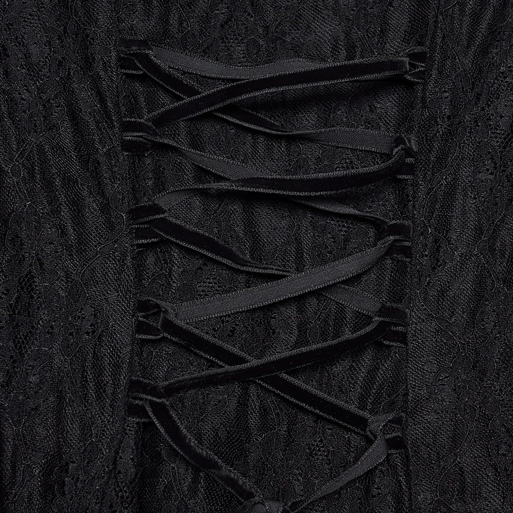 Alt Tag: Elegant Black Gothic Lace High Low Hollow Ruffle Dress lace-up back detail in elastic black lace, dramatic gothic corset styling