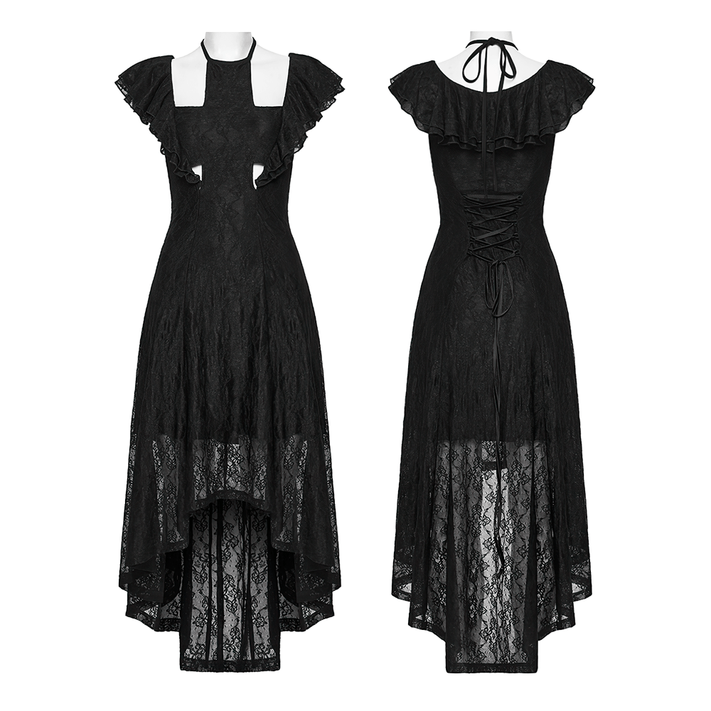 Alt Tag: Elegant Black Gothic Lace High Low Hollow Ruffle Dress front and back view, cross hollow bodice, ruffle sleeves, lace-up back