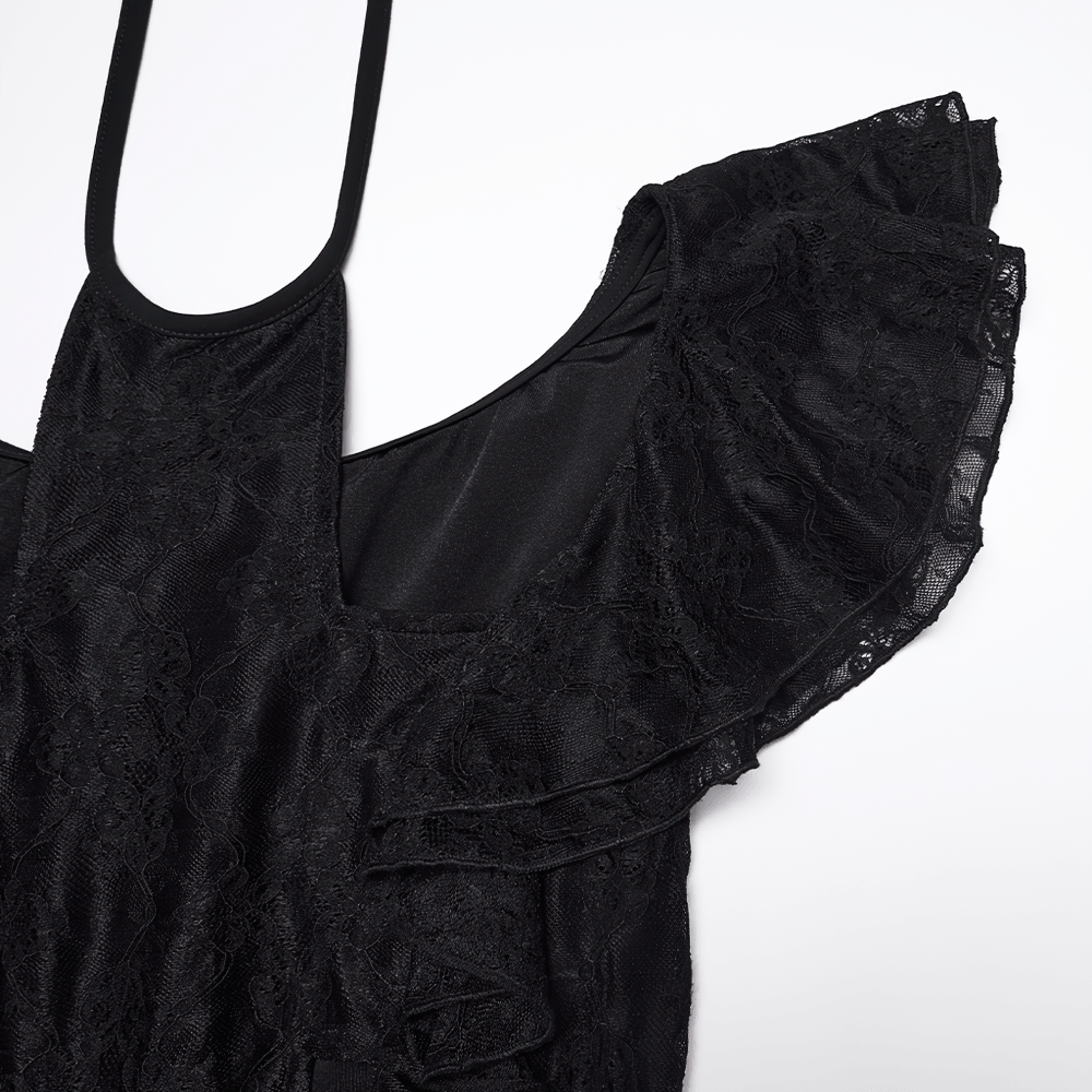 Alt Tag: Elegant Black Gothic Lace High Low Hollow Ruffle Dress close-up of black elastic lace bodice and ruffled flying sleeve detail