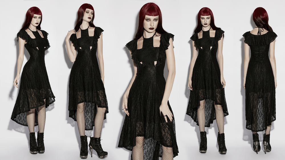 Alt Tag: Elegant Black Gothic Lace High Low Hollow Ruffle Dress with cross hollow front, ruffle sleeves, lace-up back, high-low hem