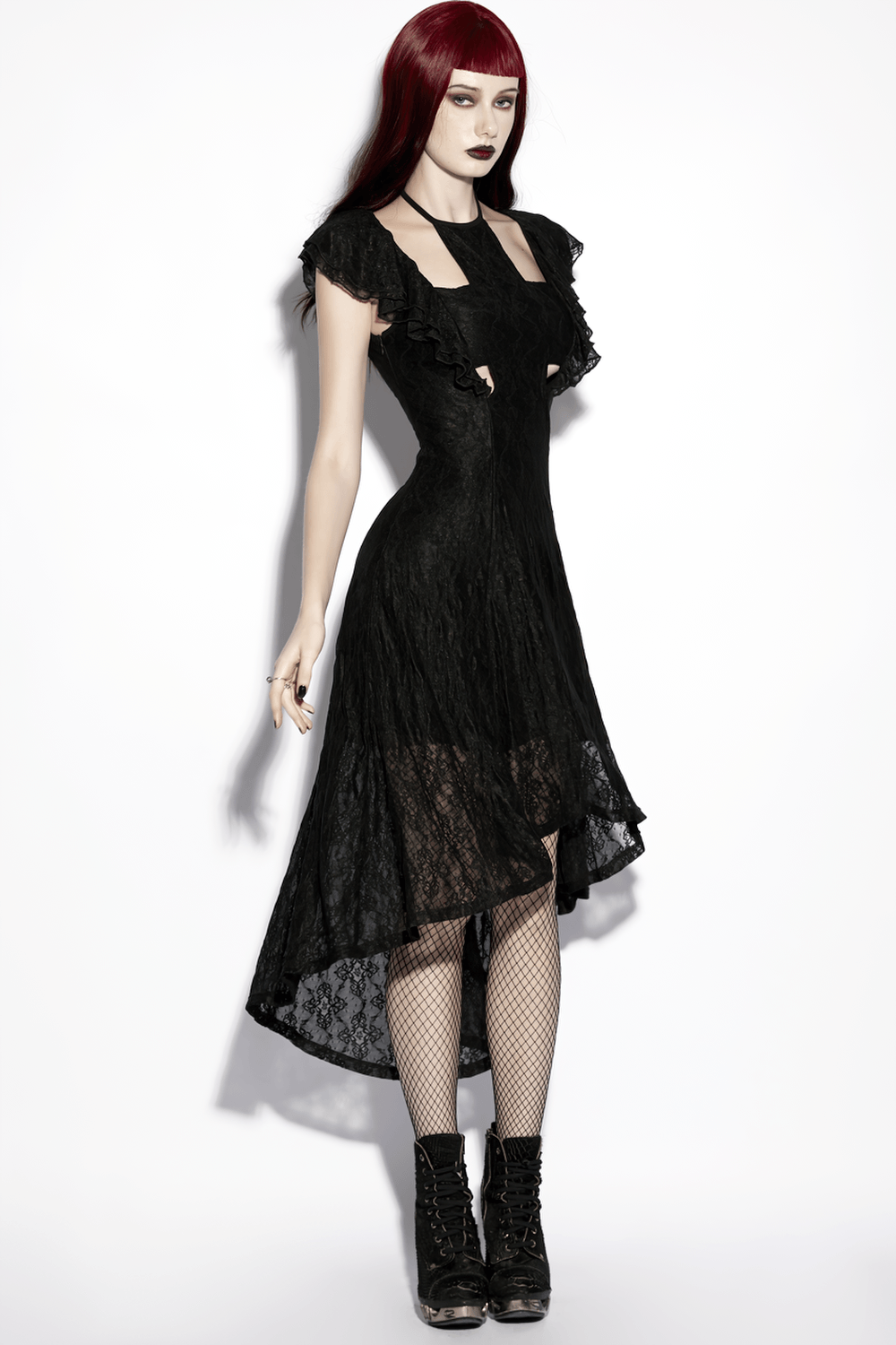 Alt Tag: Elegant Black Gothic Lace High Low Hollow Ruffle Dress with cross hollow front, ruffle sleeves, lace-up back, high-low hem