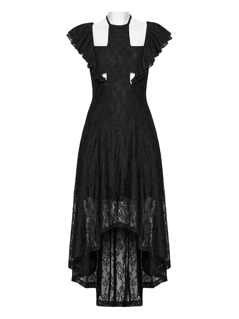 Elegant Black Gothic Lace High Low Hollow Ruffle Dress