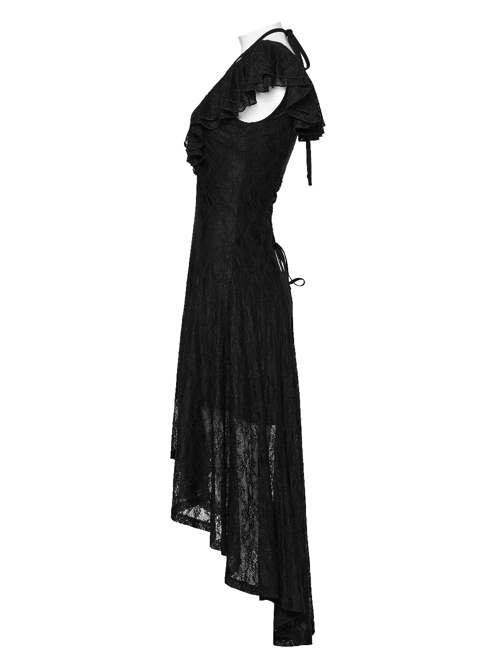 Alt Tag: Elegant Black Gothic Lace High Low Hollow Ruffle Dress with ruffle flying sleeves, lace-up back, and high-low hem side view