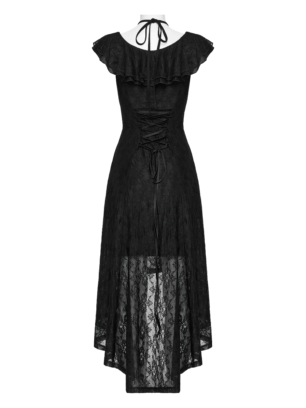 Alt Tag: Elegant Black Gothic Lace High Low Hollow Ruffle Dress with ruffle sleeves, lace-up back, high-low hem, black elastic lace overlay