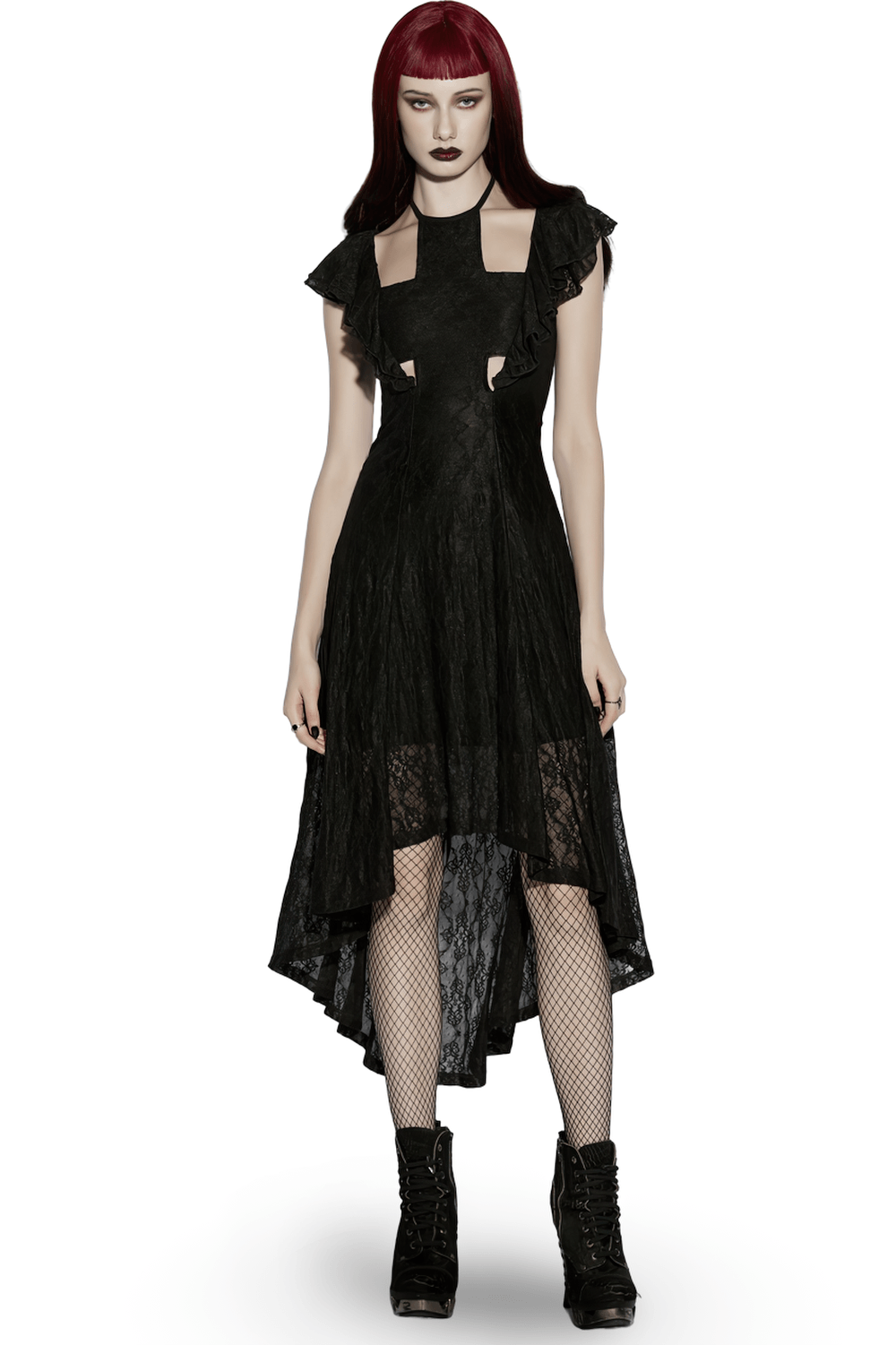 Alt Tag: Elegant Black Gothic Lace High Low Hollow Ruffle Dress with cross hollow front, ruffle sleeves, lace-up back, high-low hem