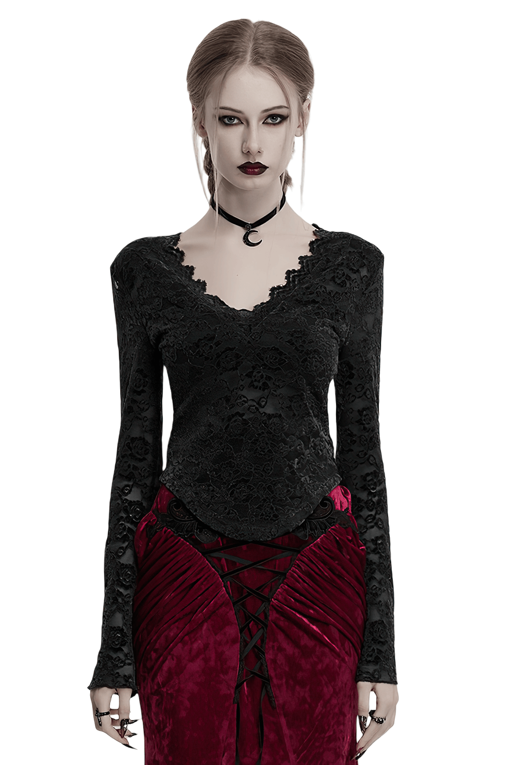 Elegant black gothic lace long sleeve V-neck top paired with a red skirt, embodying dark romantic fashion.