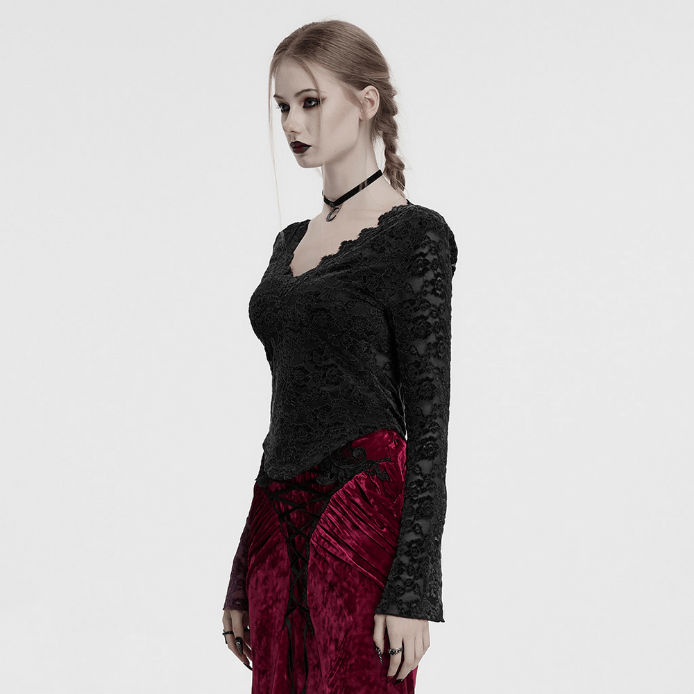 Elegant black gothic lace long sleeve V-neck top paired with a burgundy velvet skirt, showcasing a dark romantic style.