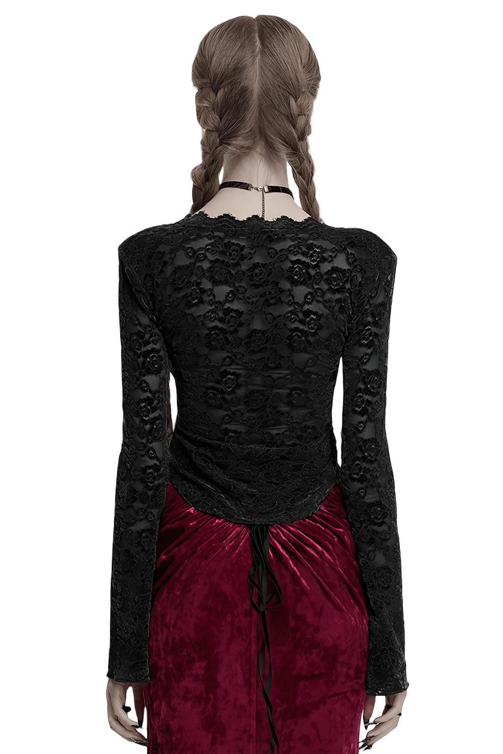 Back view of an elegant black gothic lace long sleeve V-neck top paired with a stylish red velvet skirt.
