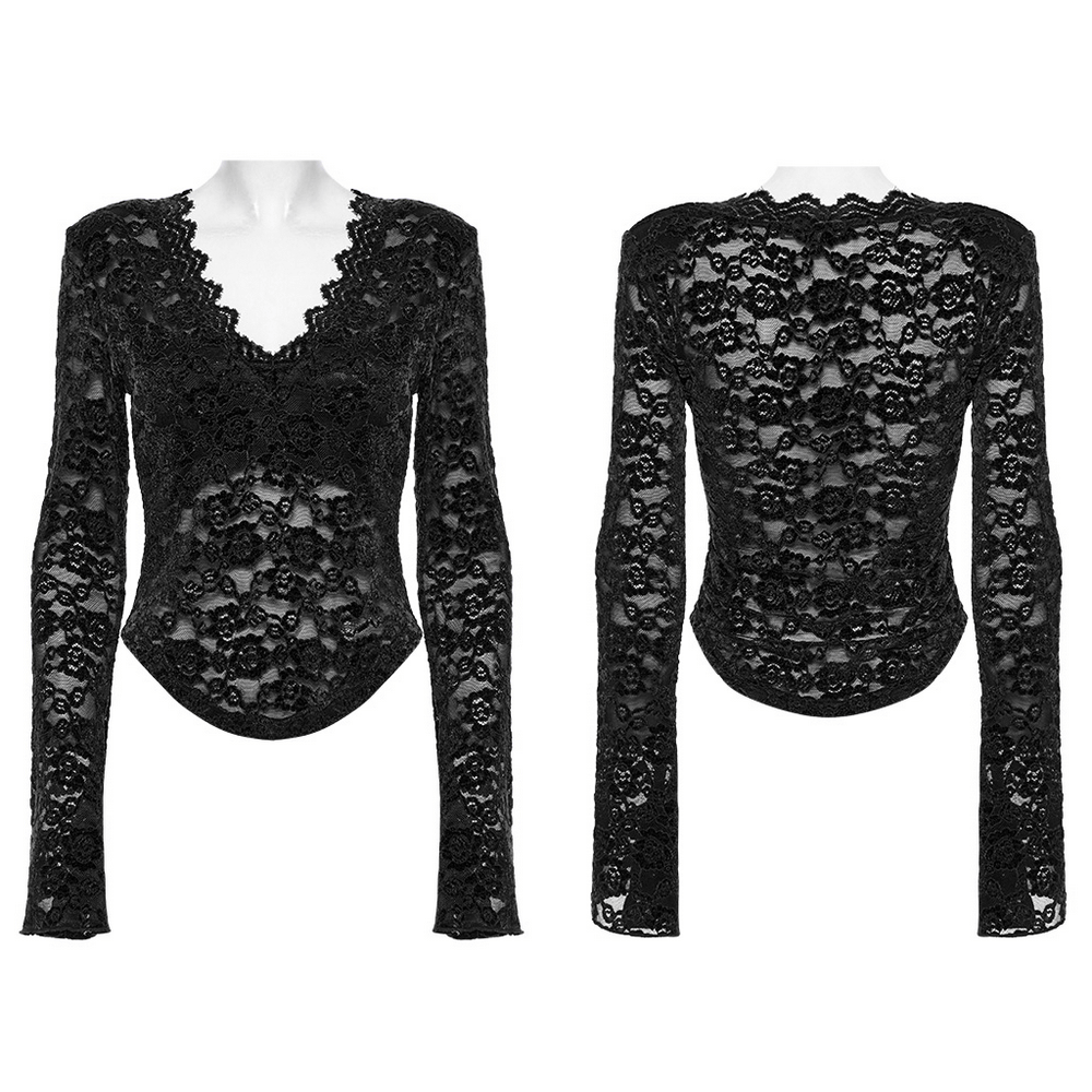 Elegant black gothic lace long sleeve V-neck top with U-shaped hem, perfect for a dark romantic wardrobe.