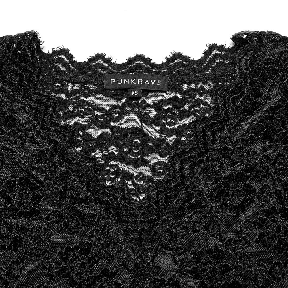 Close-up of black gothic lace V-neck top with 'PUNK RAVE' label, showcasing intricate lace details.