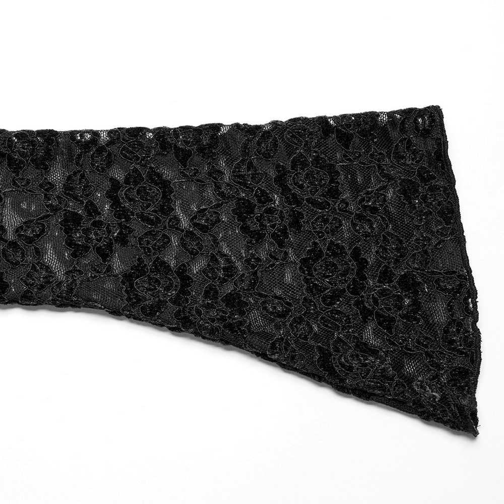 Elegant black gothic lace fabric showcasing intricate detailing for a long sleeve V-neck top.