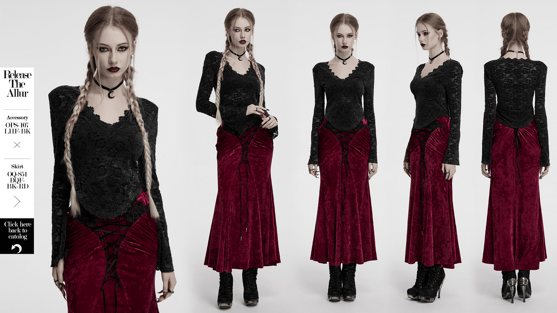 Elegant black gothic lace long sleeve V-neck top paired with a flowing red skirt, perfect for a dark romantic look.